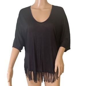 Olive Olivia   Black BOHO Fringed Top with 3/4 Sleeves, Soft Fabrication   Small